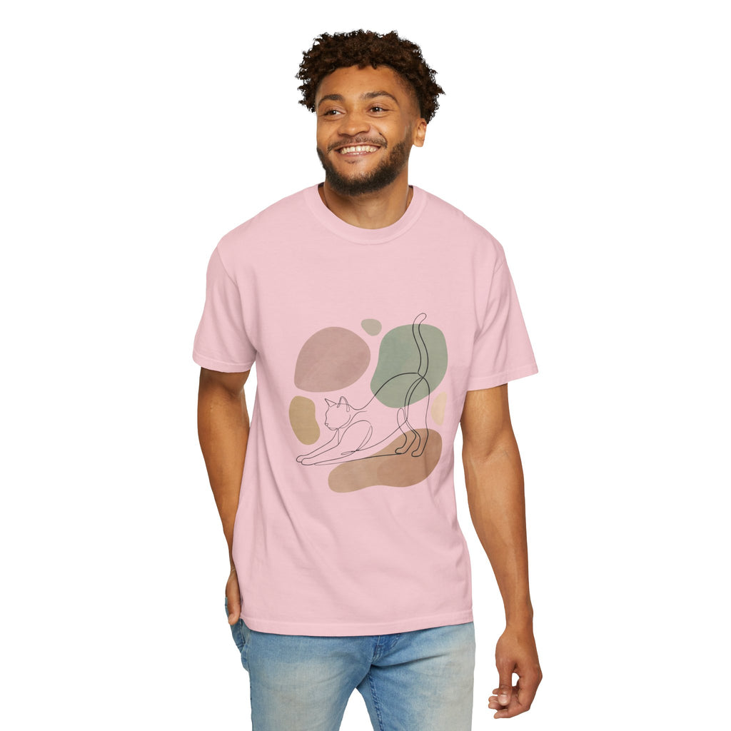 Cat Stretch Line Art T-Shirt — Minimal Boho Scandinavian Pet Graphic