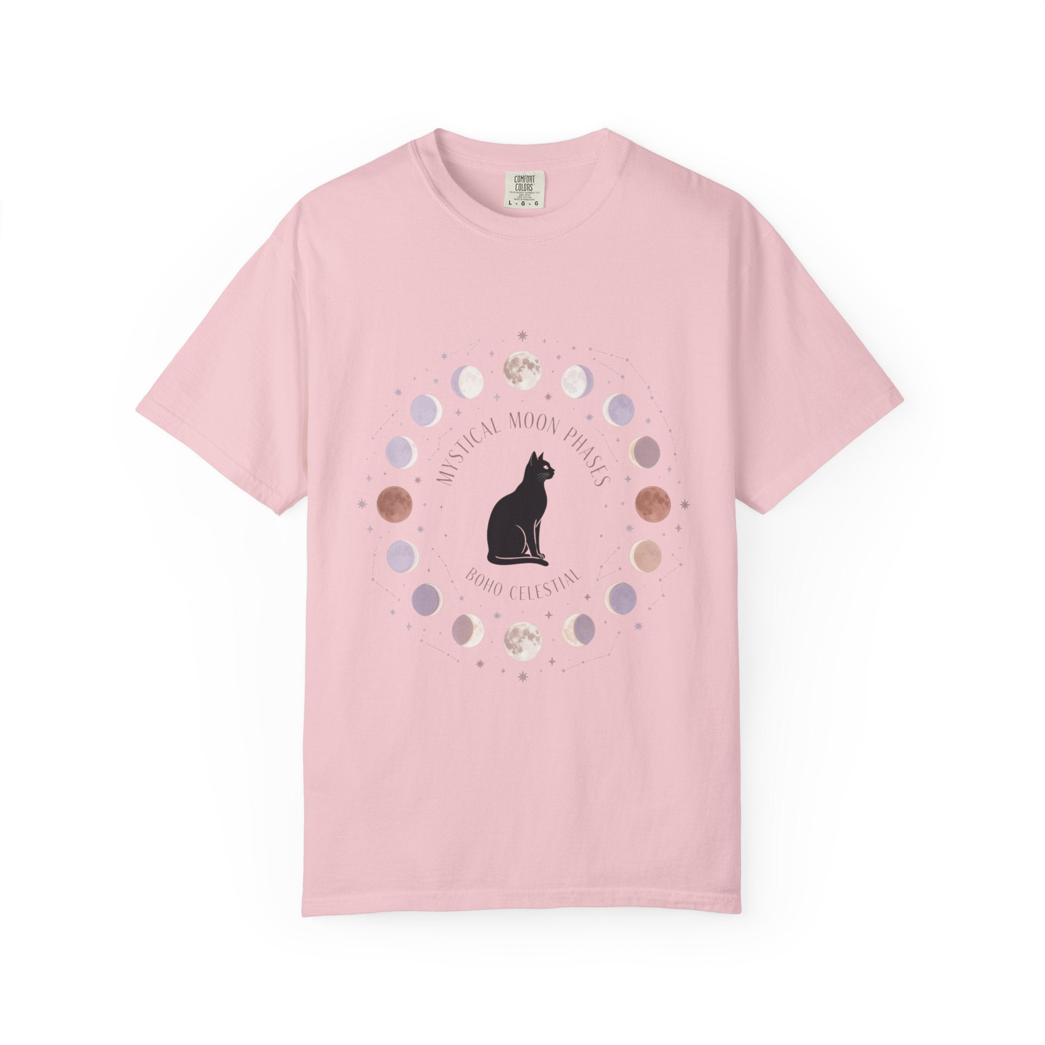 Mystical Moon Phases Boho Celestial T-Shirt — Black Cat Moon Phase Design