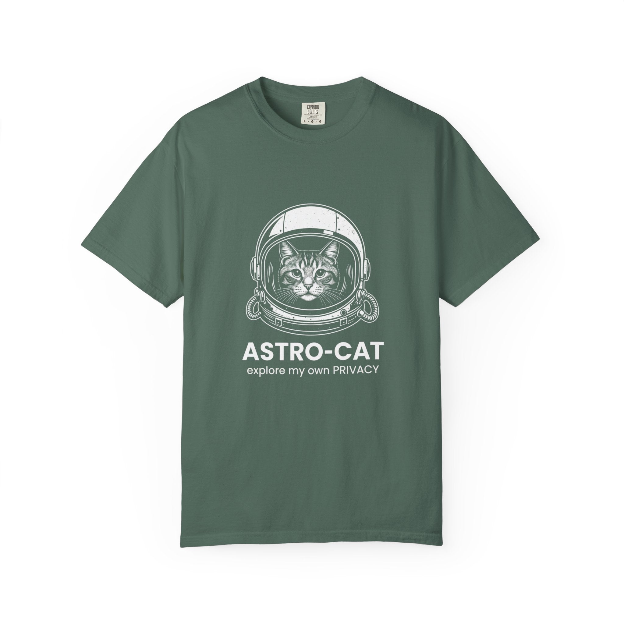 Astro-Cat Tabby Helmet T-Shirt — "explore my own PRIVACY" Retro Space Tee