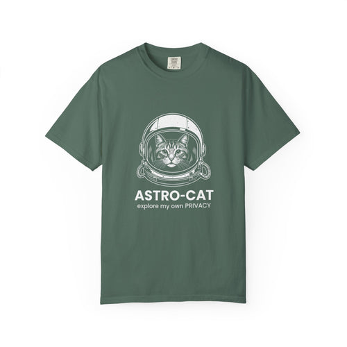 Astro-Cat Tabby Helmet T-Shirt — "explore my own PRIVACY" Retro Space Tee