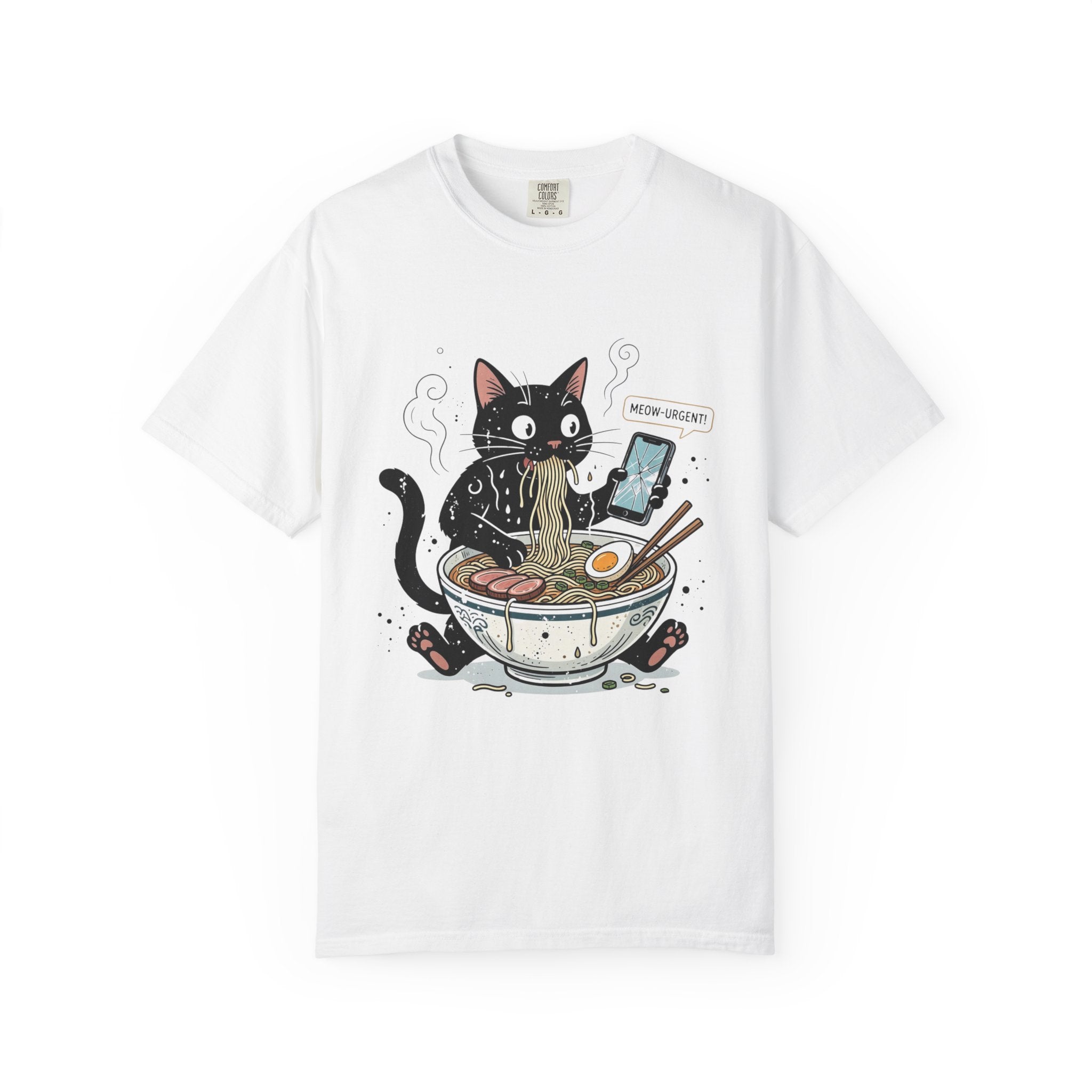 Startled Black Cat Eating Ramen T-Shirt — "MEOW-URGENT!"