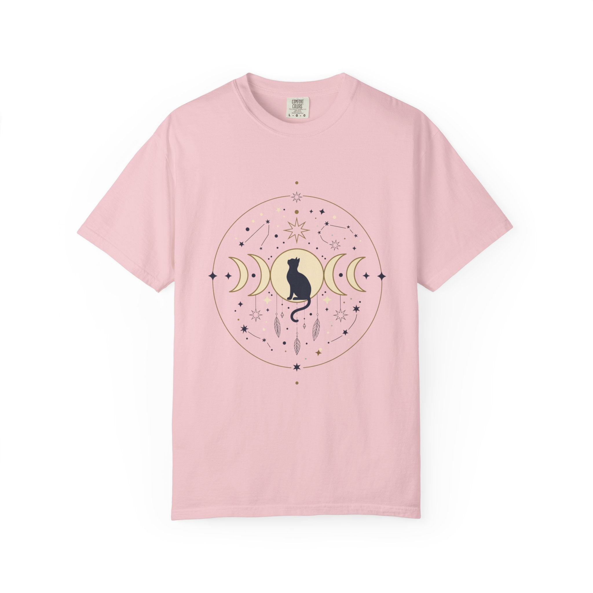 Celestial Cat Moon Phases T-Shirt — Gold & Black Cat Astronomy Tee
