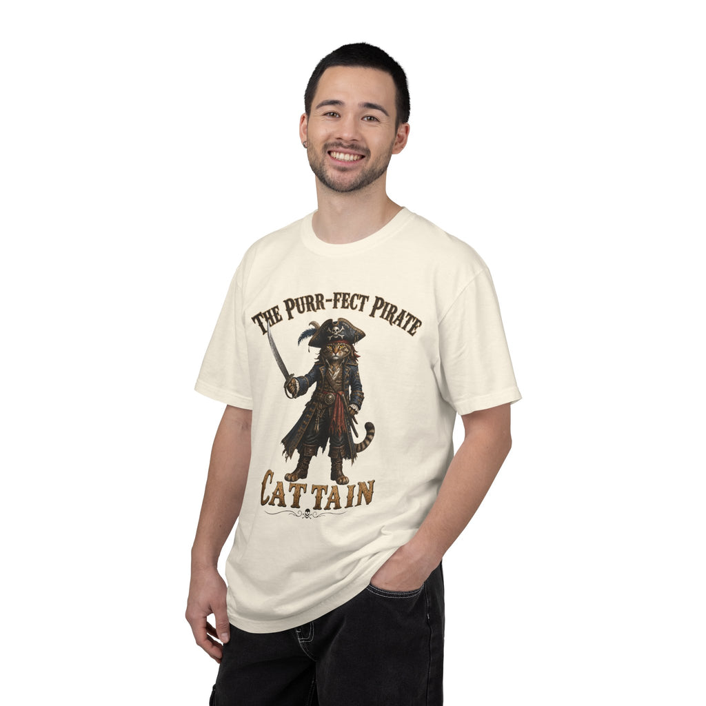 The Purr-fect Pirate Cattain T-Shirt — Tabby Cat Ship Captain Graphic