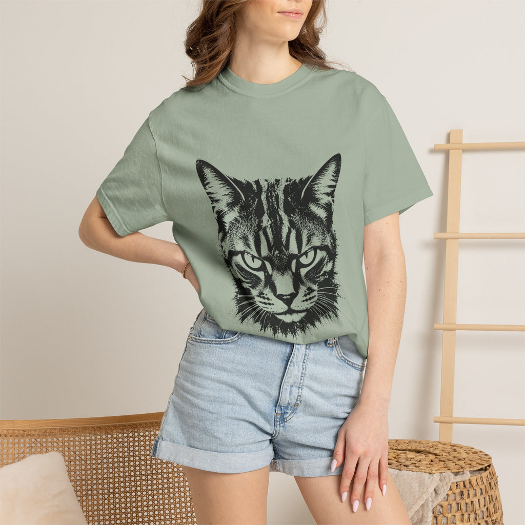 Tabby Cat Ink Portrait T-Shirt — Monochrome Fierce Cat Graphic