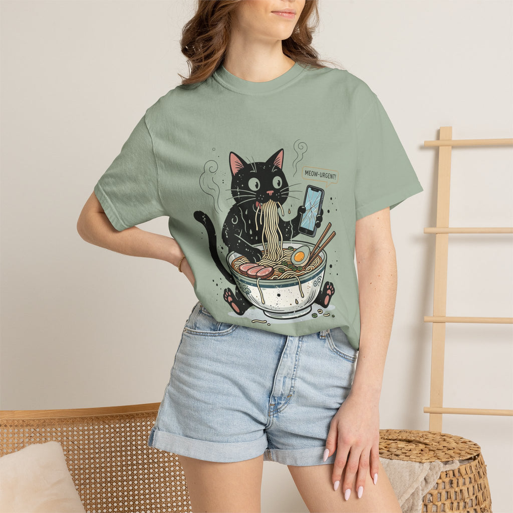 Startled Black Cat Eating Ramen T-Shirt — "MEOW-URGENT!"