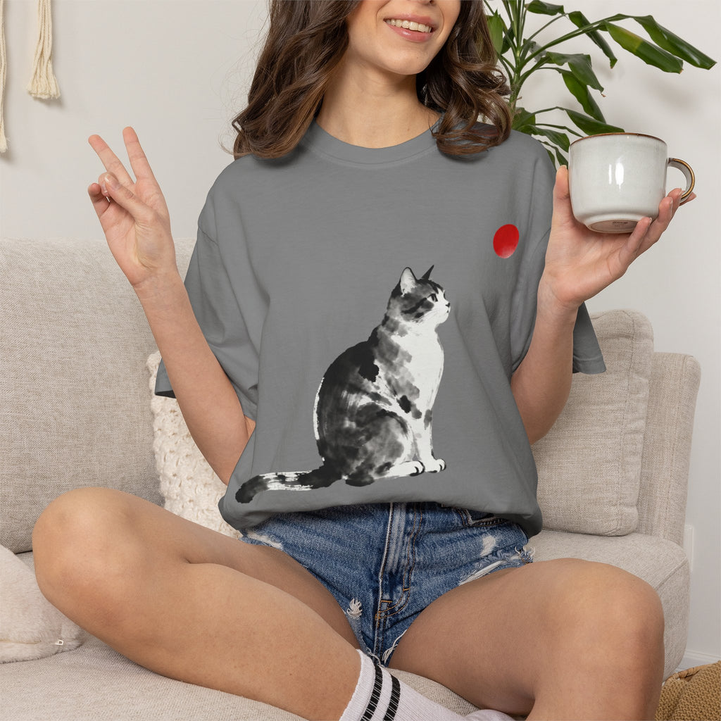 Sumi-e Tabby Cat T-Shirt — Minimalist Japanese Ink Wash Design