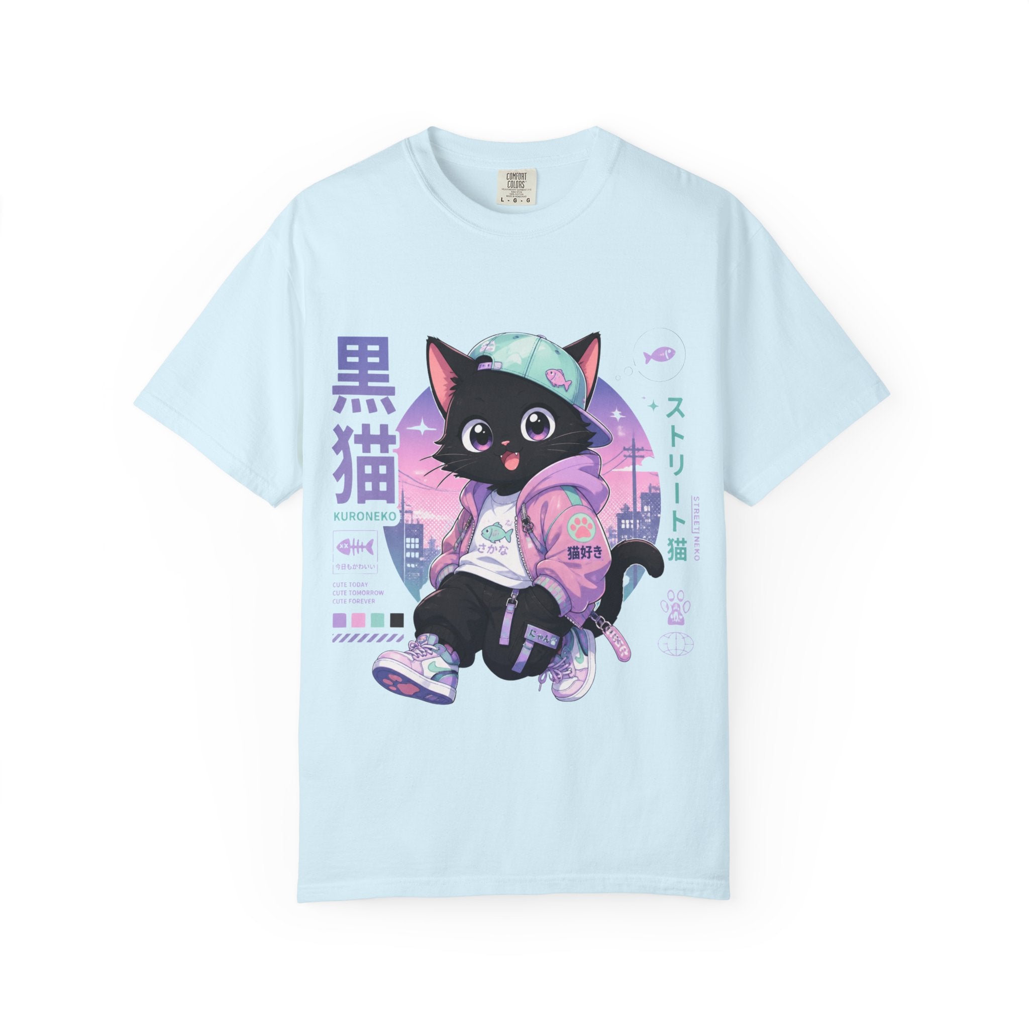 Chibi Black Cat Streetwear T-Shirt — Pastel Anime Cityscape (Kanji Accent)