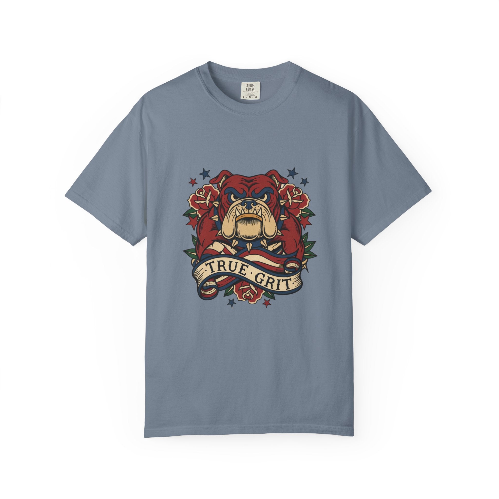 True Grit English Bulldog T-Shirt — Traditional Tattoo Rose Design