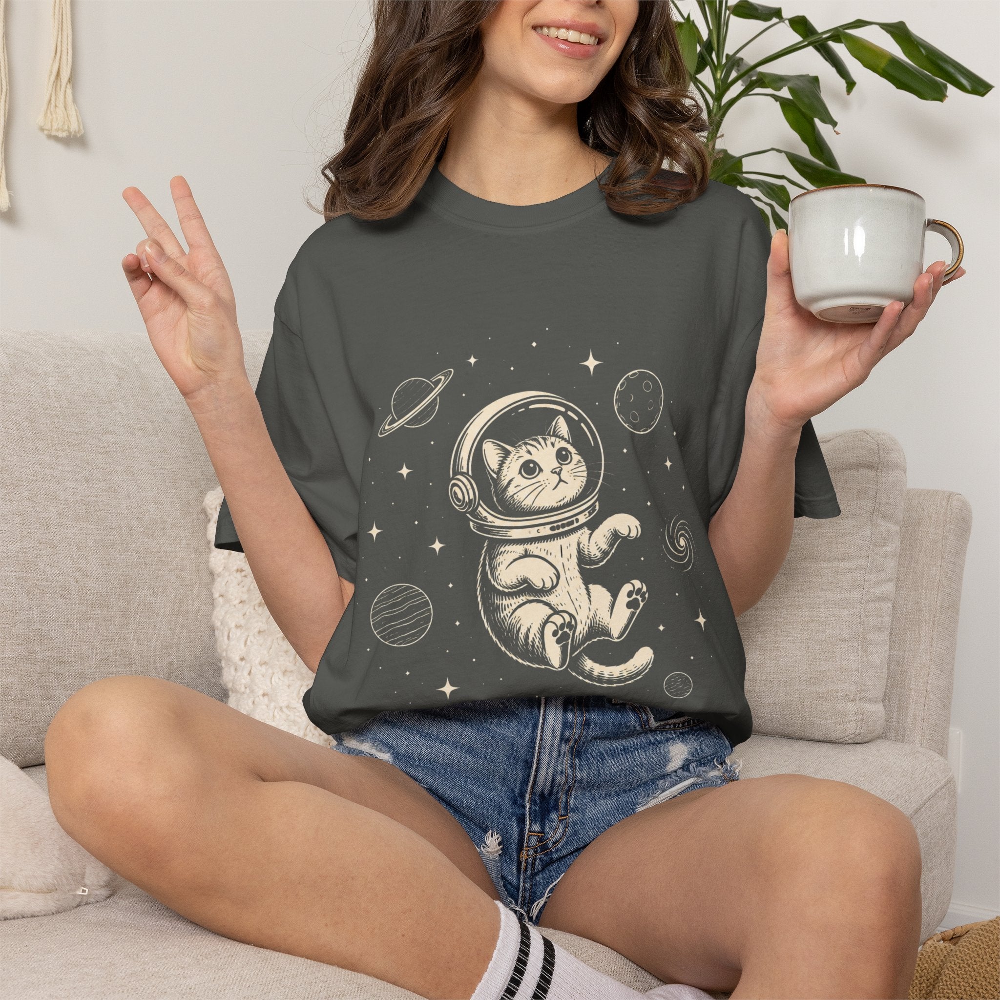 Tabby Astronaut Kitten T-Shirt — Whimsical Space Cat Line Art
