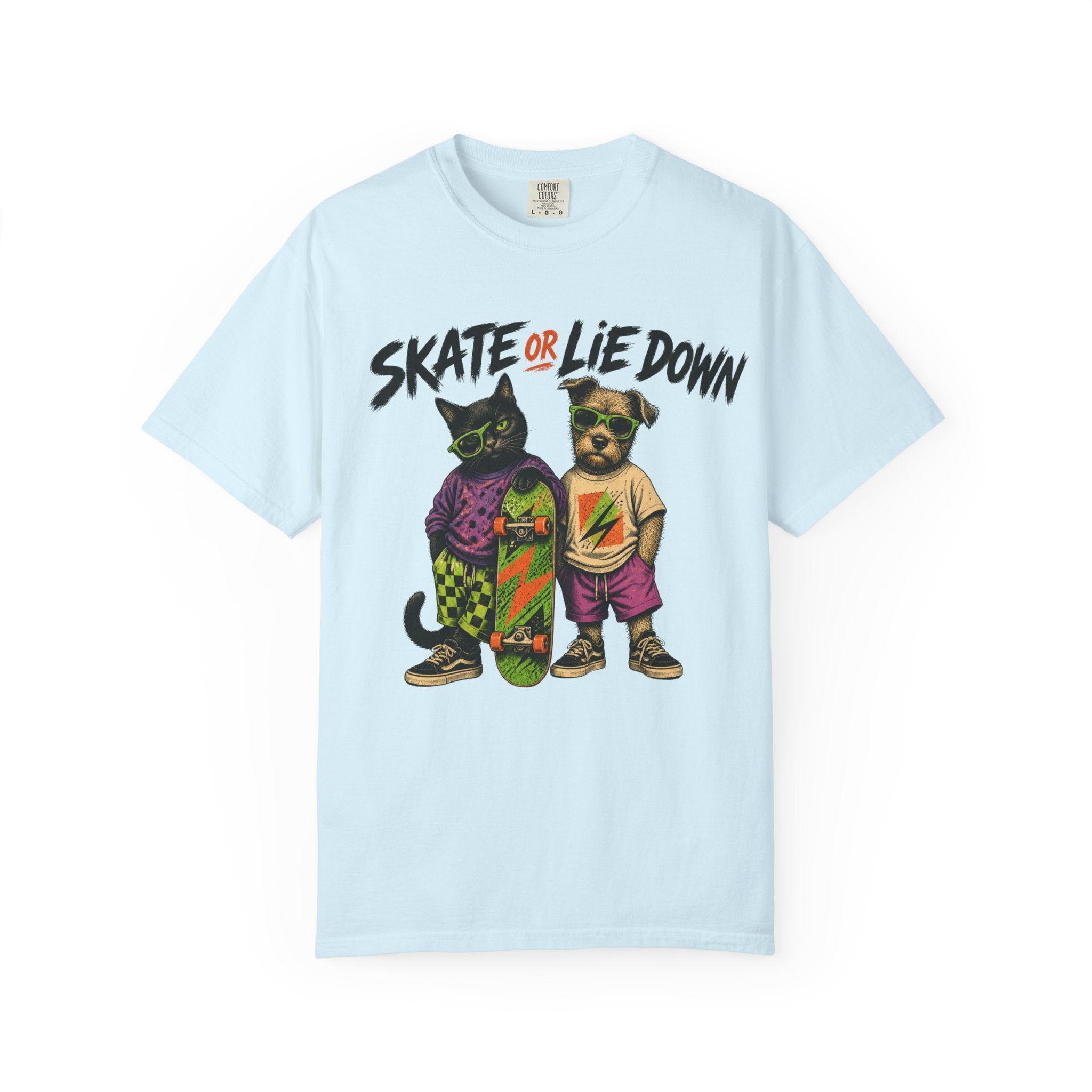 Skate or Lie Down T-Shirt — 90s Retro Skate Cat & Dog Graphic