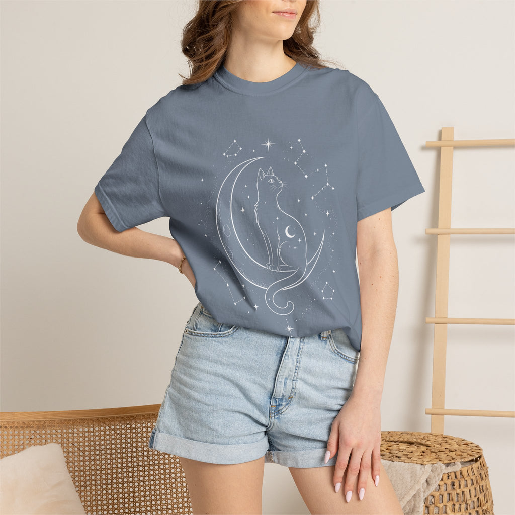 Mystical Crescent Moon Cat T-Shirt — Celestial Black Cat Night Sky Design