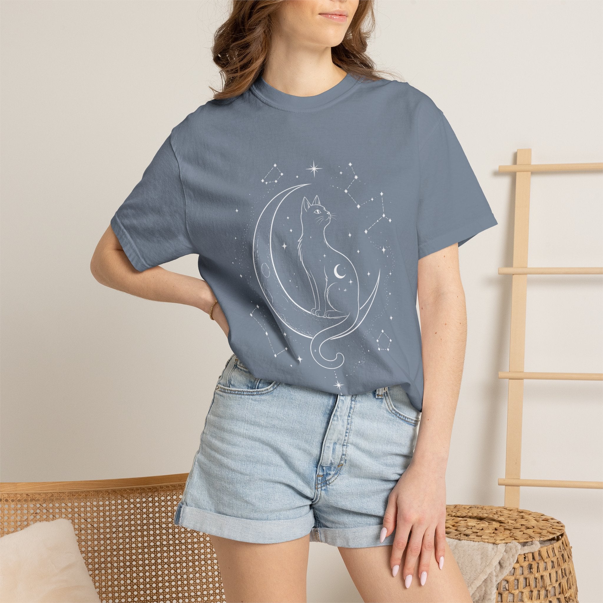 Mystical Crescent Moon Cat T-Shirt — Celestial Black Cat Night Sky Design