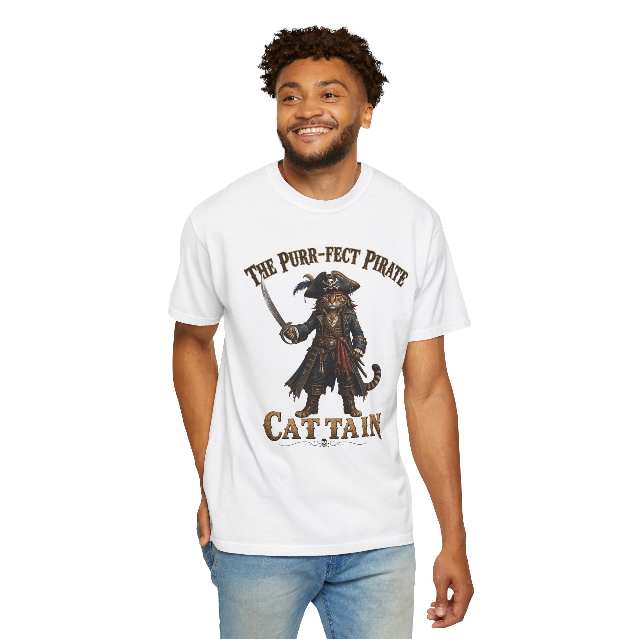 The Purr-fect Pirate Cattain T-Shirt — Tabby Cat Ship Captain Graphic