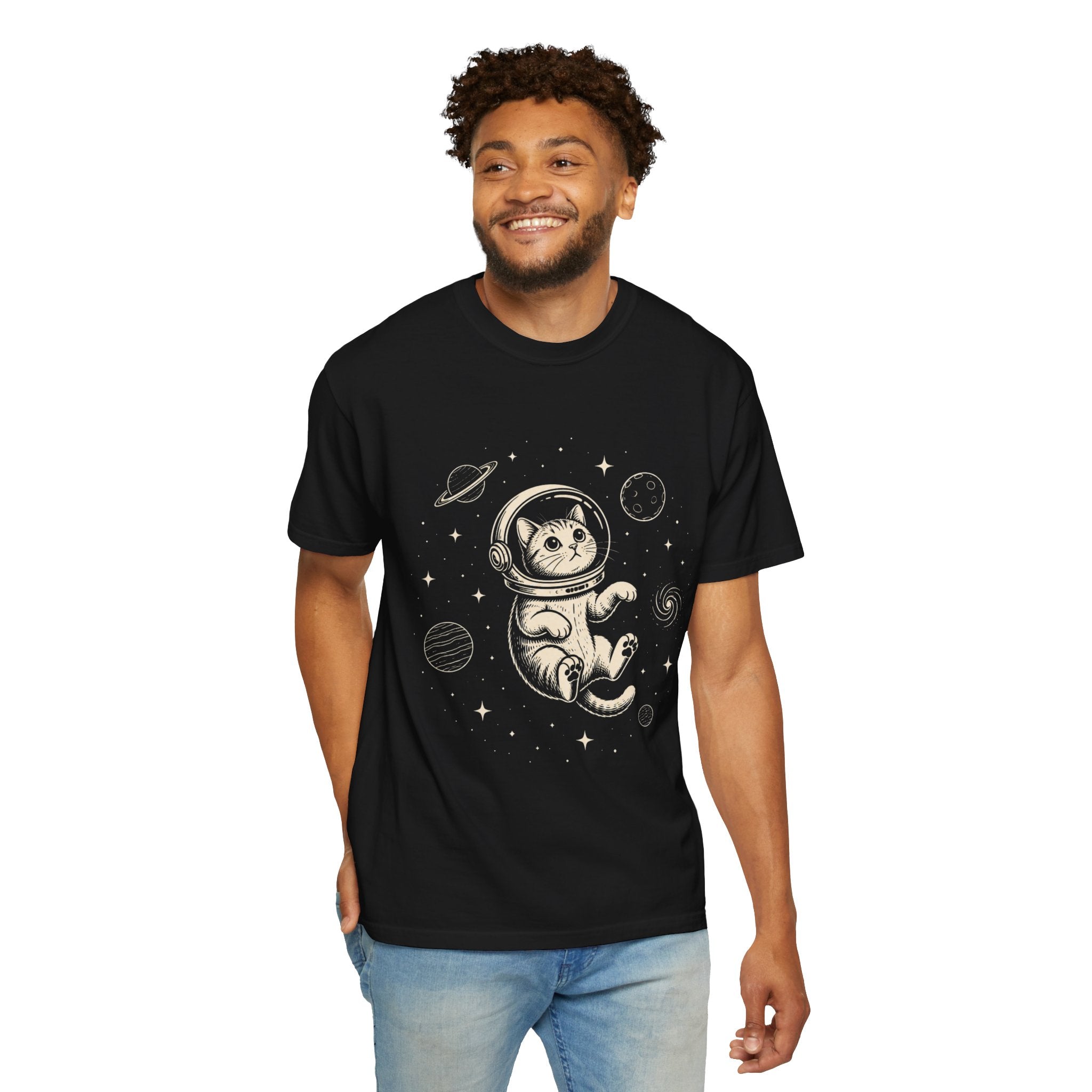 Tabby Astronaut Kitten T-Shirt — Whimsical Space Cat Line Art