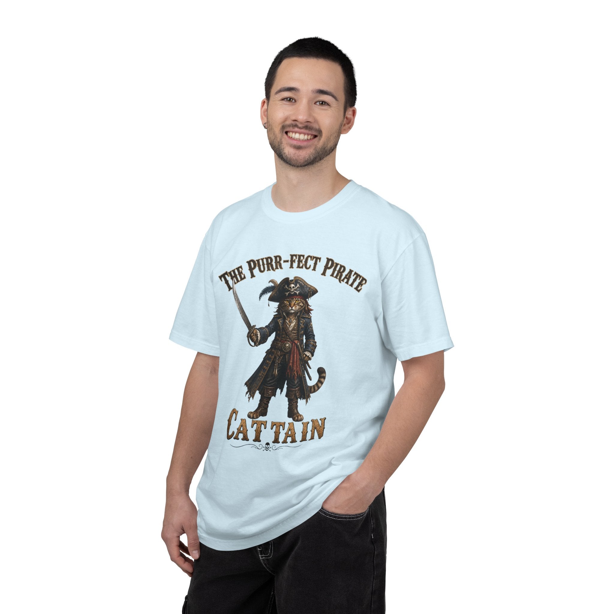 The Purr-fect Pirate Cattain T-Shirt — Tabby Cat Ship Captain Graphic