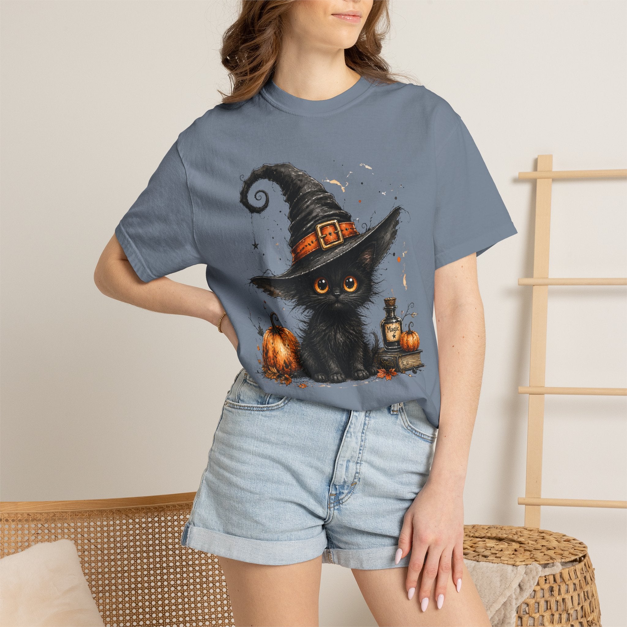 Fluffy Black Kitten Witch T-Shirt — 'Magic' Spellbook Halloween Tee