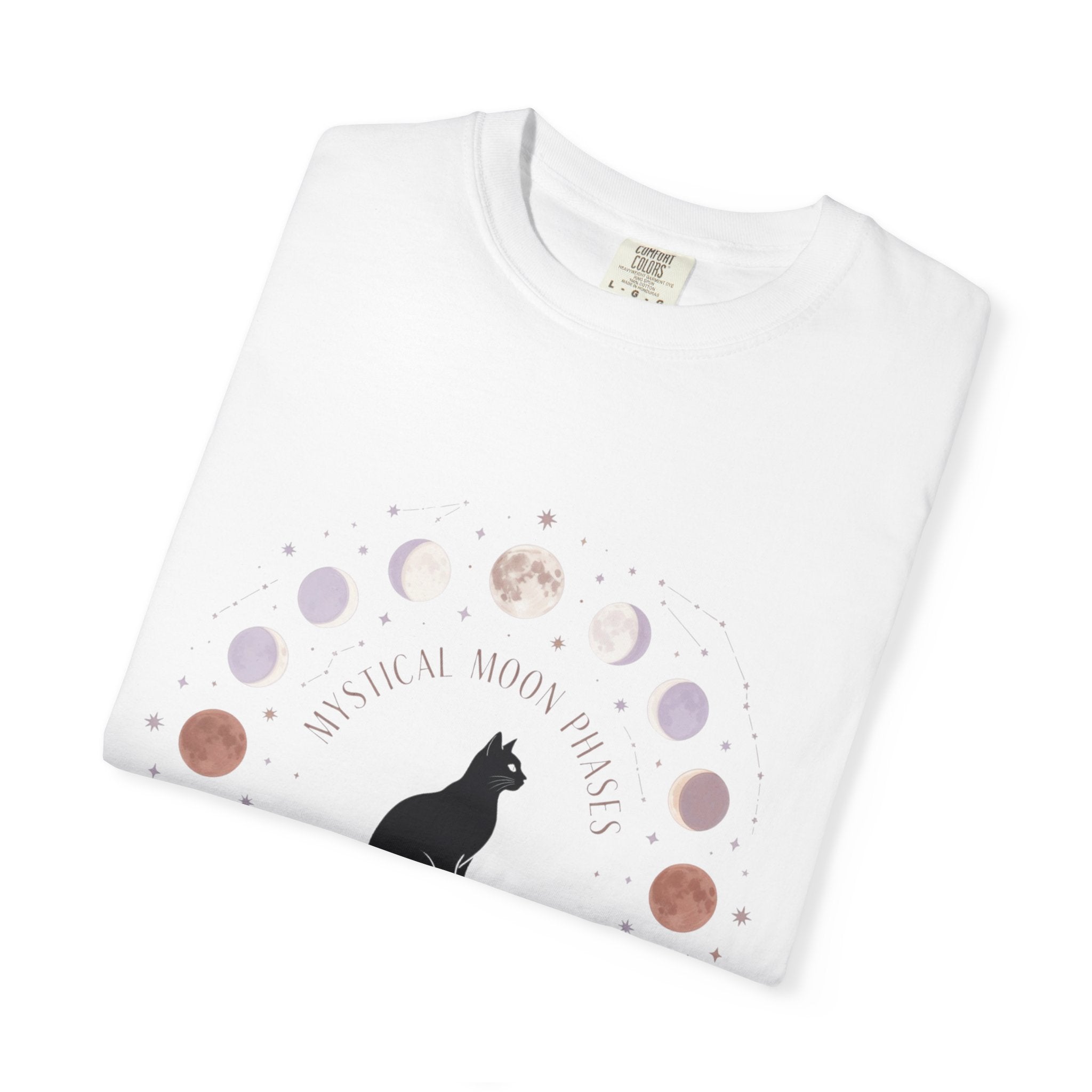 Mystical Moon Phases Boho Celestial T-Shirt — Black Cat Moon Phase Design