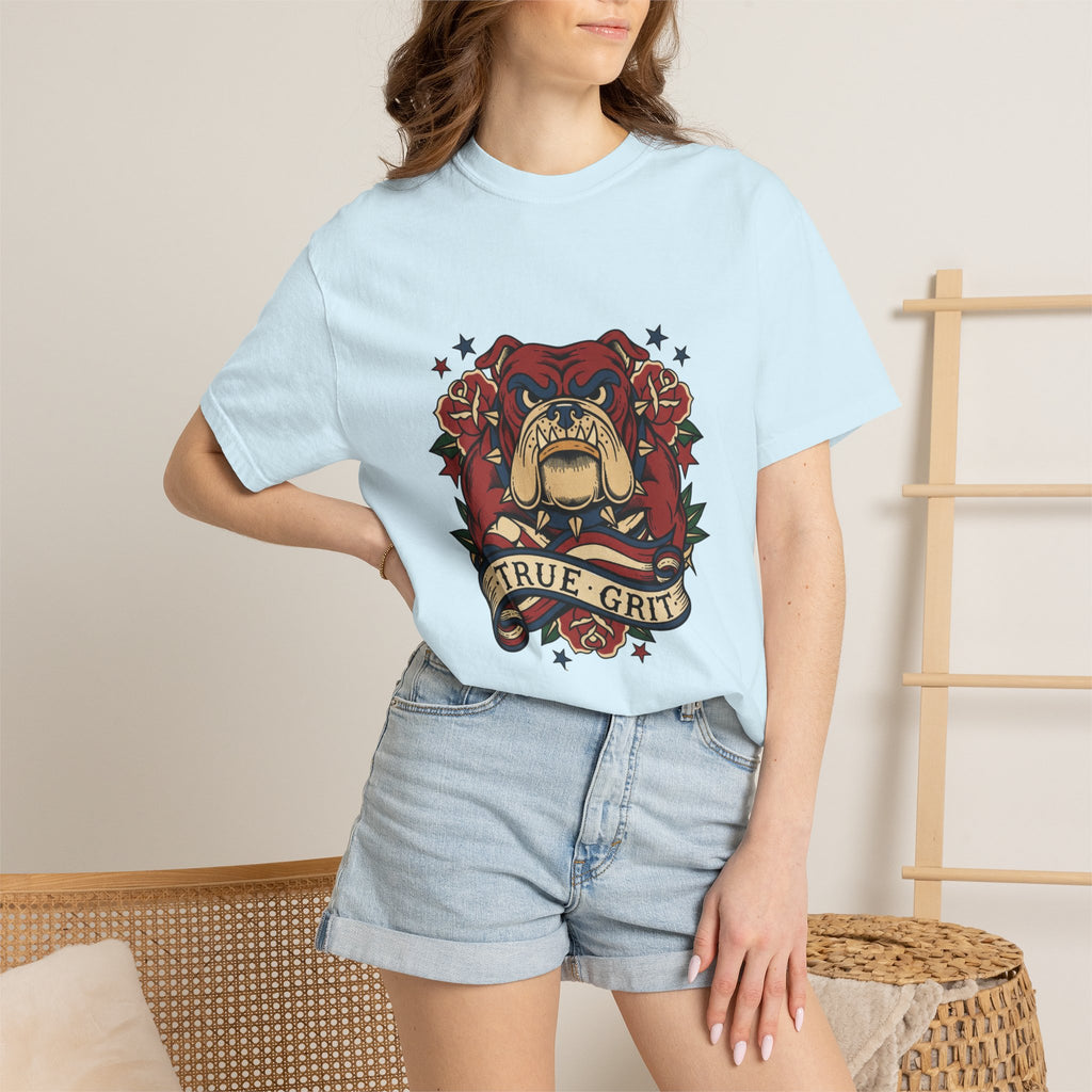 True Grit English Bulldog T-Shirt — Traditional Tattoo Rose Design
