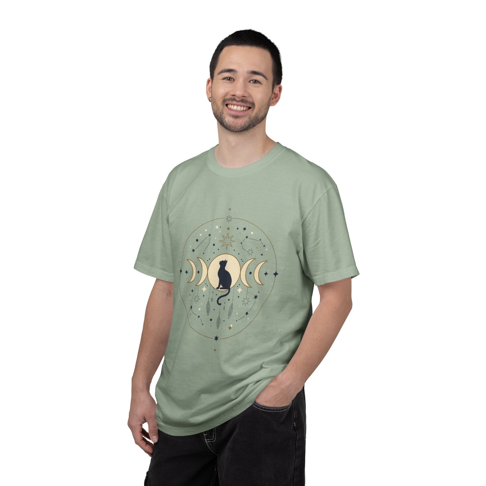 Celestial Cat Moon Phases T-Shirt — Gold & Black Cat Astronomy Tee