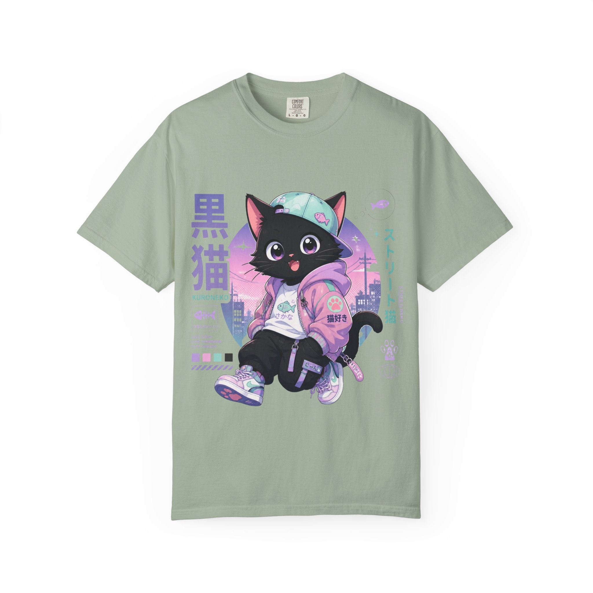Chibi Black Cat Streetwear T-Shirt — Pastel Anime Cityscape (Kanji Accent)