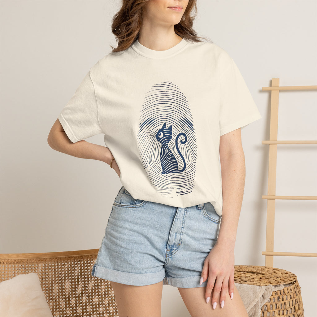 Fingerprint Cat T-Shirt — Minimal Denim Blue Graphic Tee