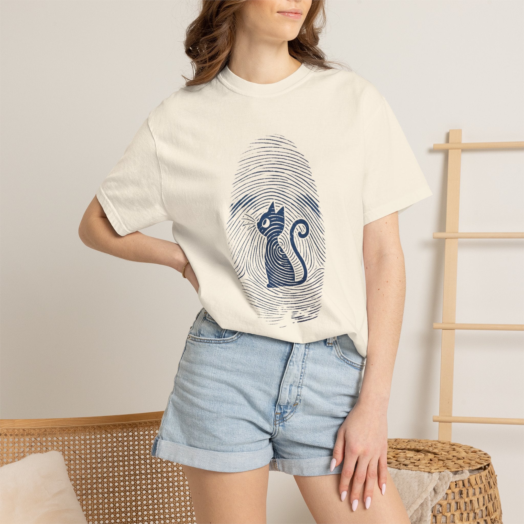 Fingerprint Cat T-Shirt — Minimal Denim Blue Graphic Tee