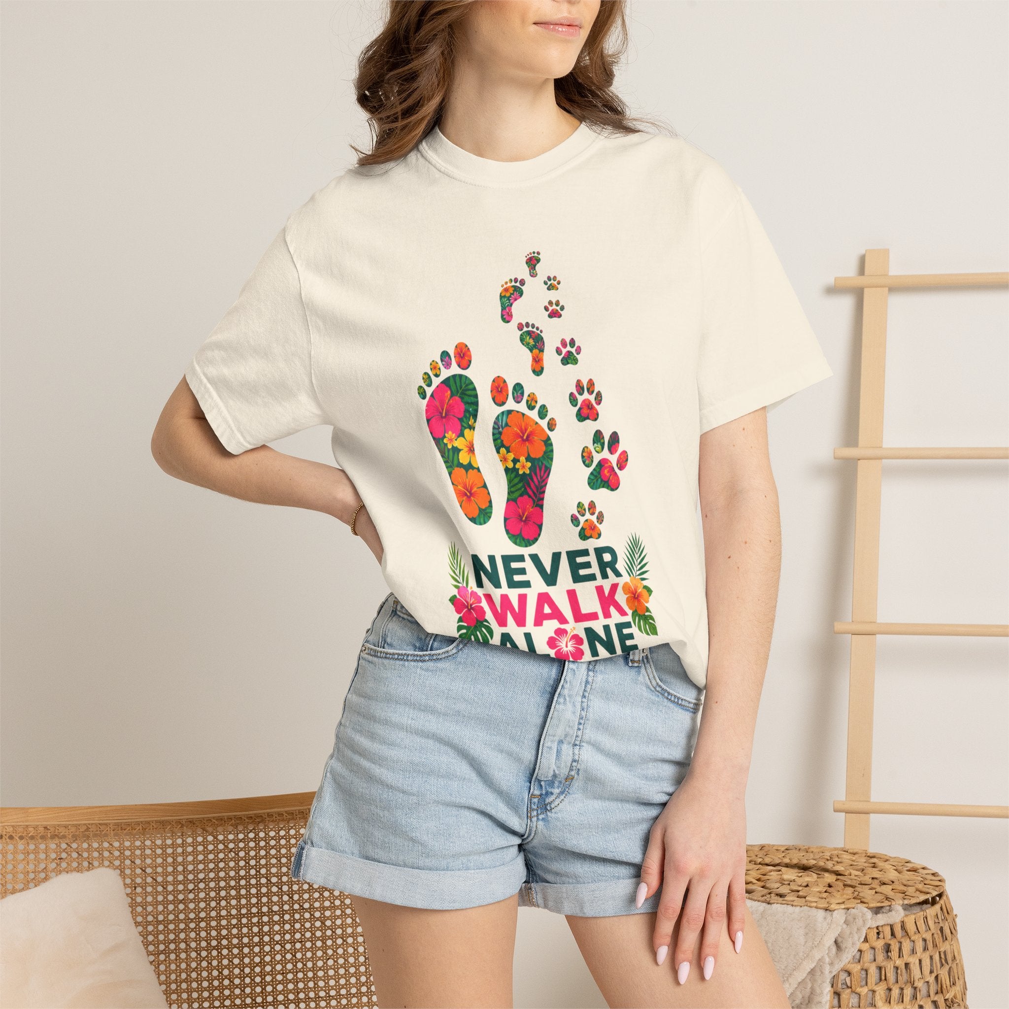 Never Walk Alone T-Shirt — Tropical Footprints & Paw Prints Graphic