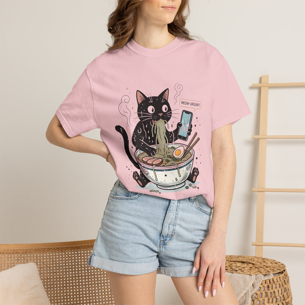 Startled Black Cat Eating Ramen T-Shirt — "MEOW-URGENT!"