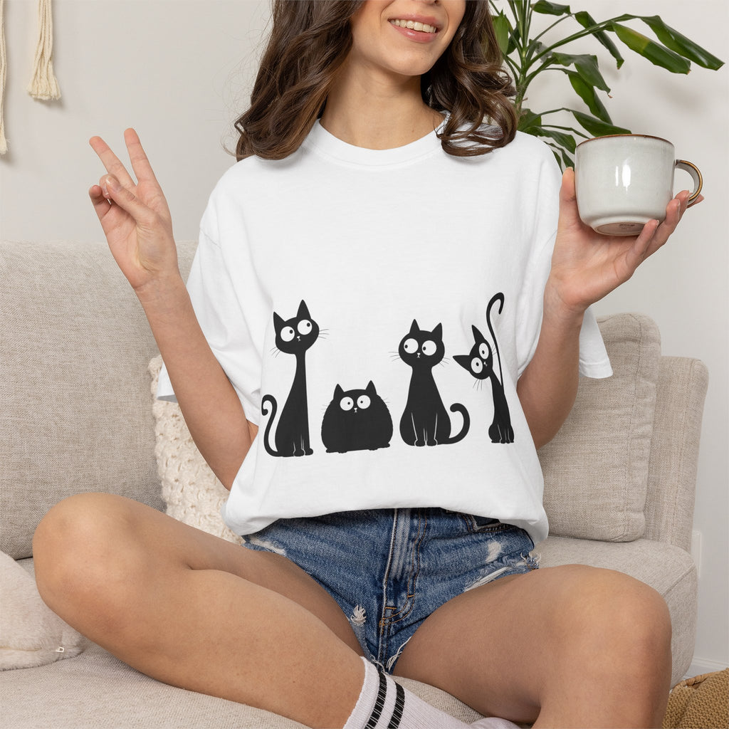 Funny Quirky Black Cats T-Shirt — Minimal Silhouette Cartoon Cat Tee