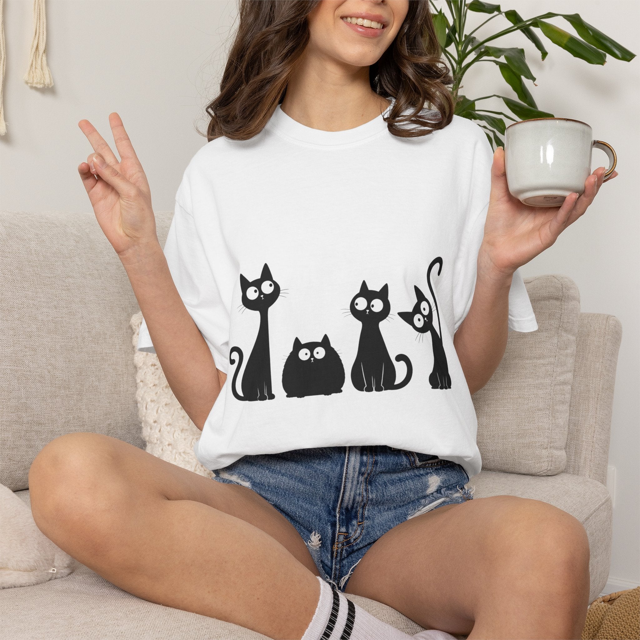 Funny Quirky Black Cats T-Shirt — Minimal Silhouette Cartoon Cat Tee