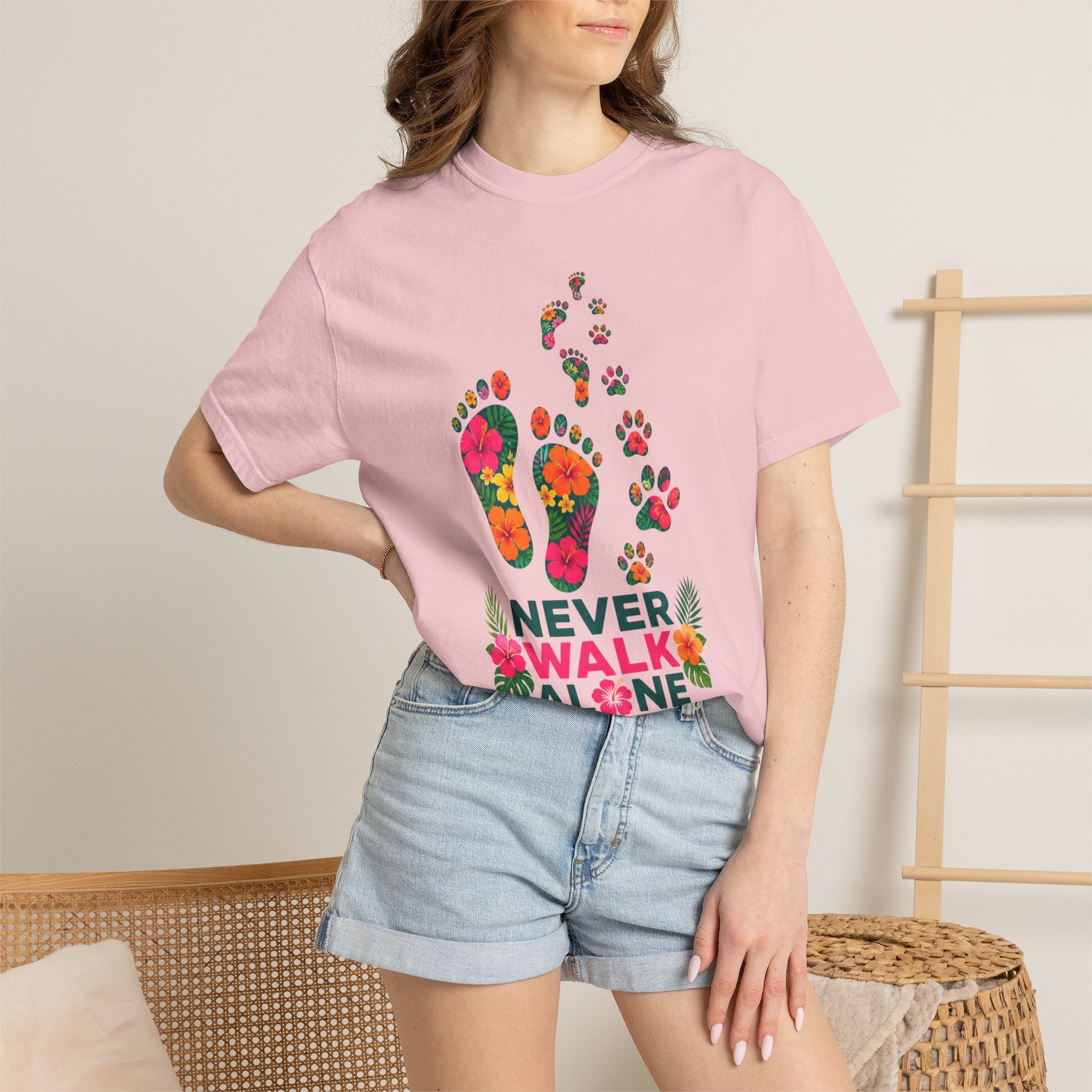 Never Walk Alone T-Shirt — Tropical Footprints & Paw Prints Graphic