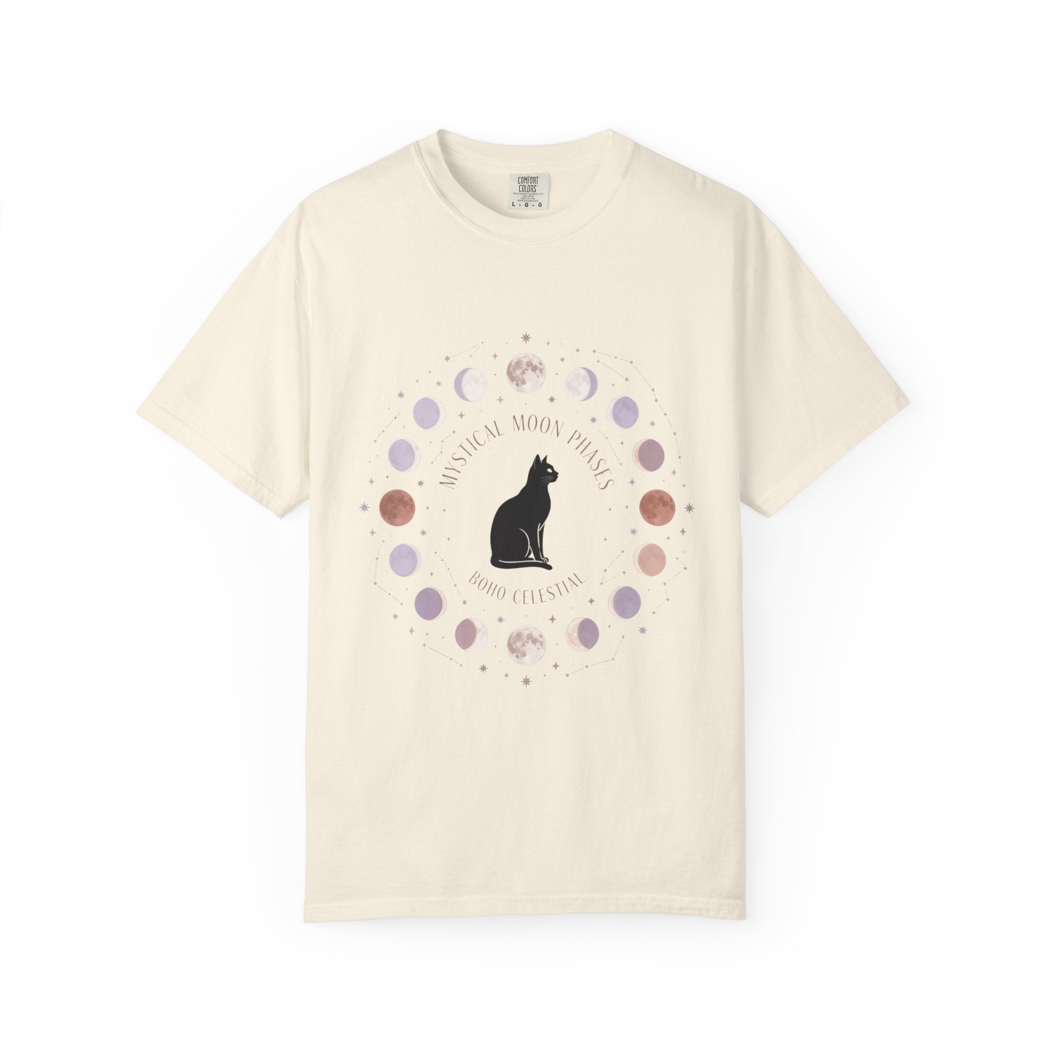 Mystical Moon Phases Boho Celestial T-Shirt — Black Cat Moon Phase Design