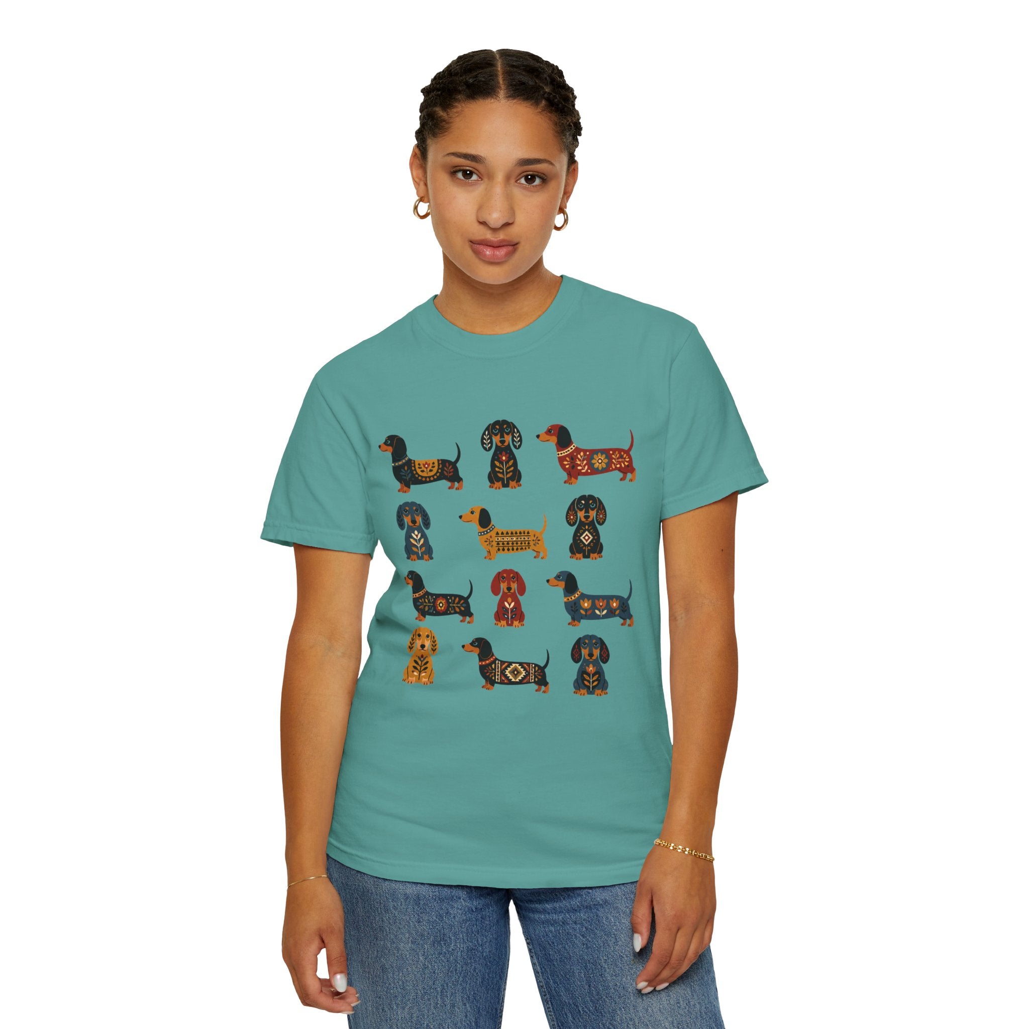 Dachshund Folk Art T-Shirt — 12 Nordic Pattern Wiener Dogs