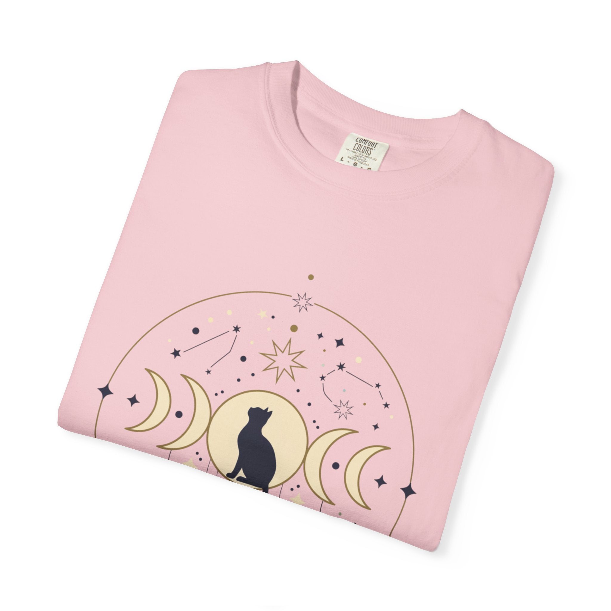 Celestial Cat Moon Phases T-Shirt — Gold & Black Cat Astronomy Tee