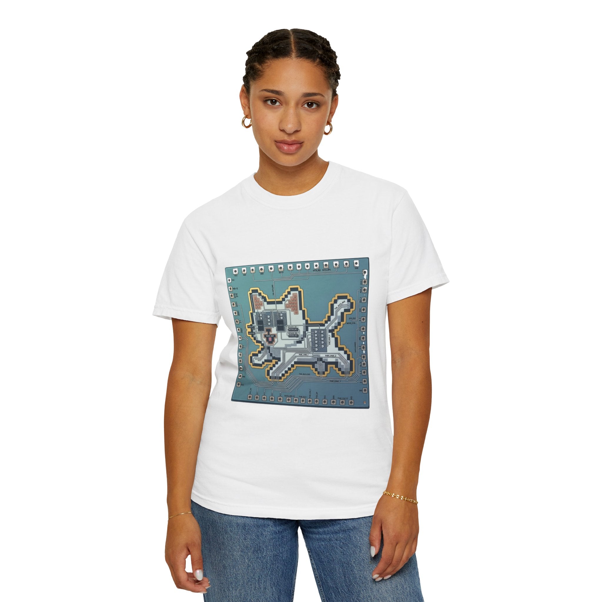 Microchip Cat Tech T-Shirt — Pixelated Processor Circuit Design