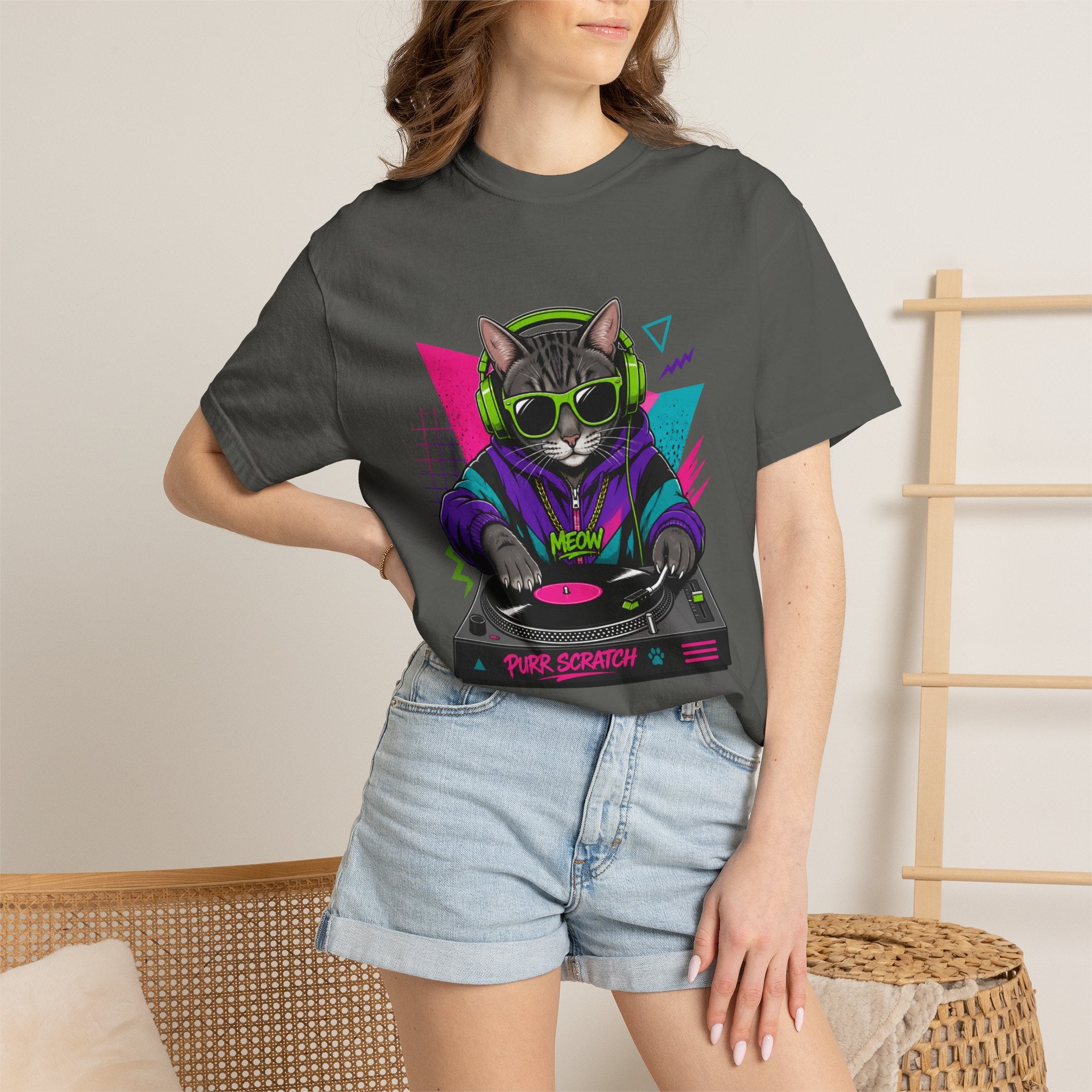 Purr Scratch DJ Cat T-Shirt — Retro 90s Neon Vinyl Graphic Tee