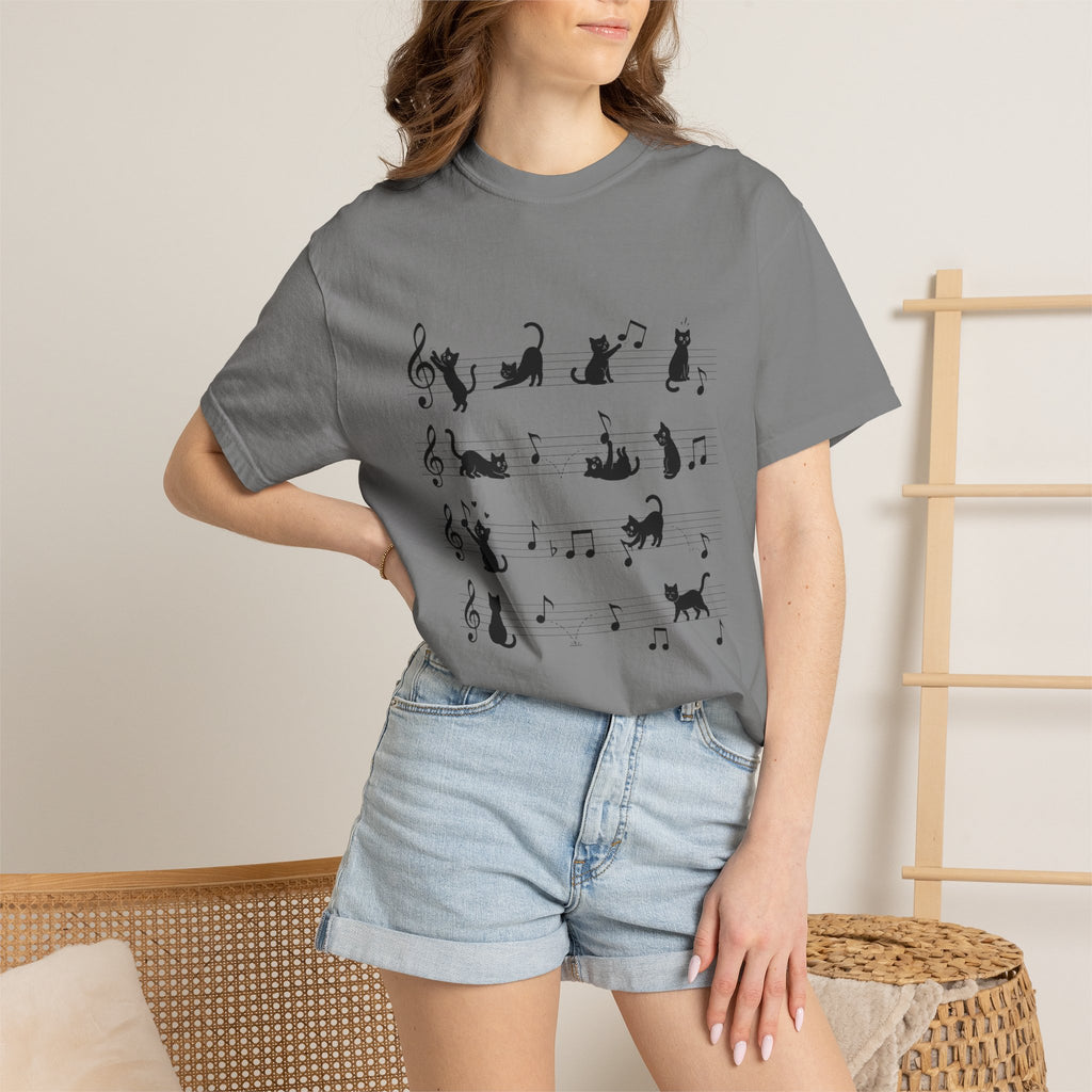 Cat Music Staff T-Shirt — Playful Cats on Sheet Music Graphic Tee