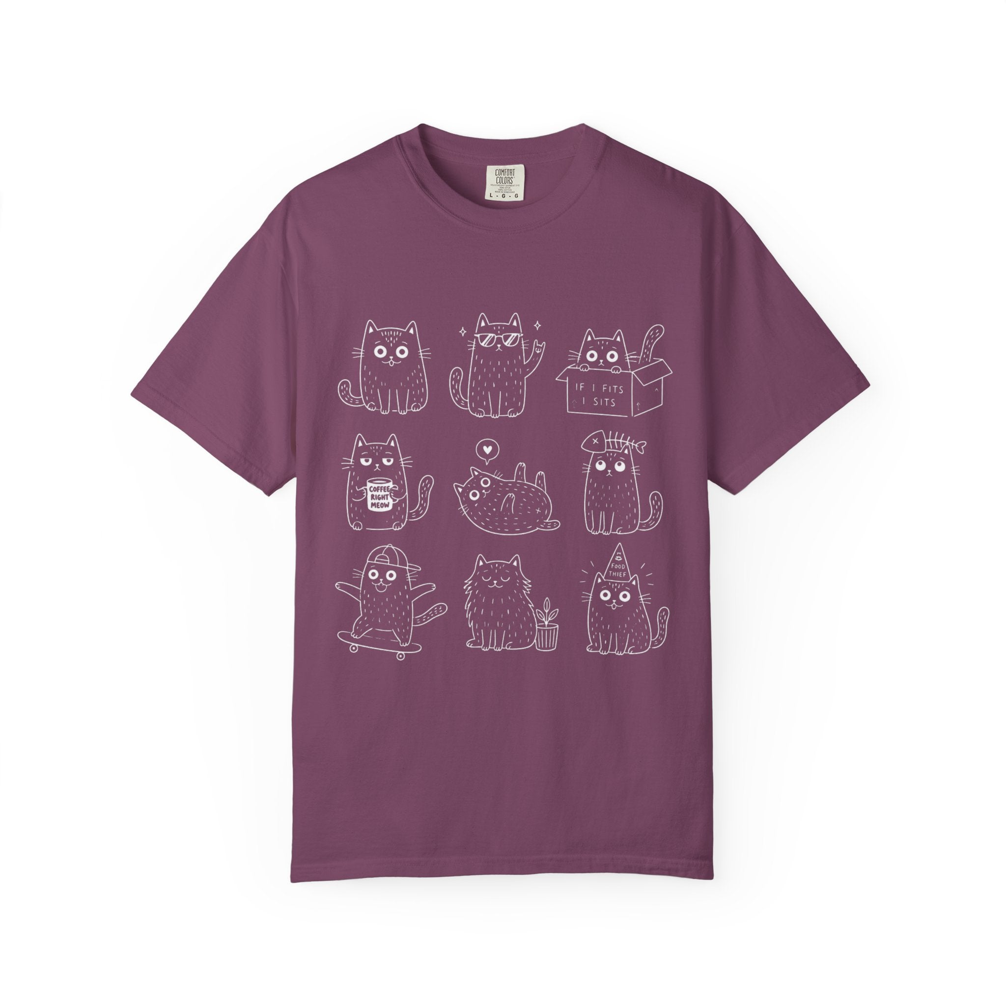 Cute Cats 3x3 Line Art T-Shirt — Funny Cat Doodles ("IF I FITS I SITS", "COFFEE RIGHT MEOW")