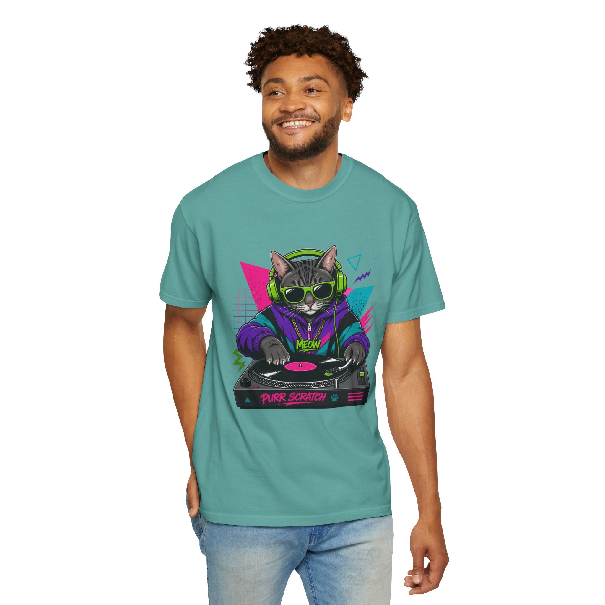 Purr Scratch DJ Cat T-Shirt — Retro 90s Neon Vinyl Graphic Tee