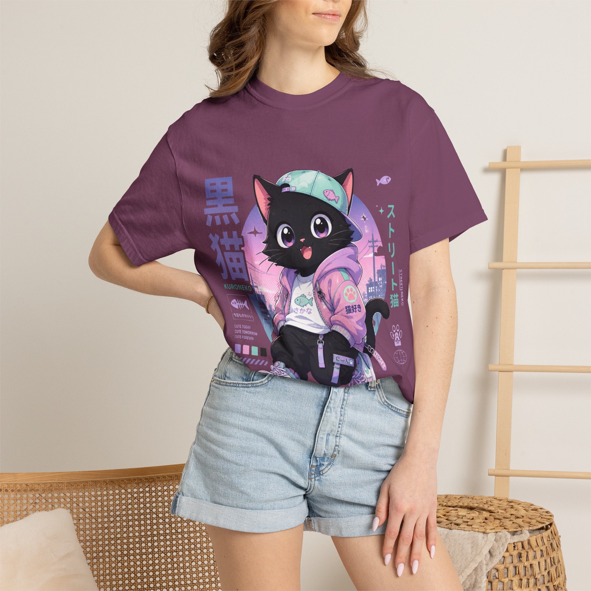Chibi Black Cat Streetwear T-Shirt — Pastel Anime Cityscape (Kanji Accent)