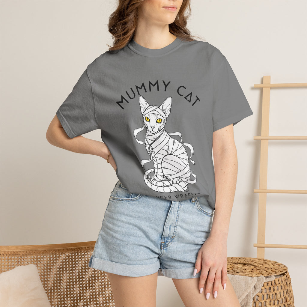 Mummy Cat T-Shirt — Sphynx Mummy Cat with Ankh, "UNDER WRAPS"