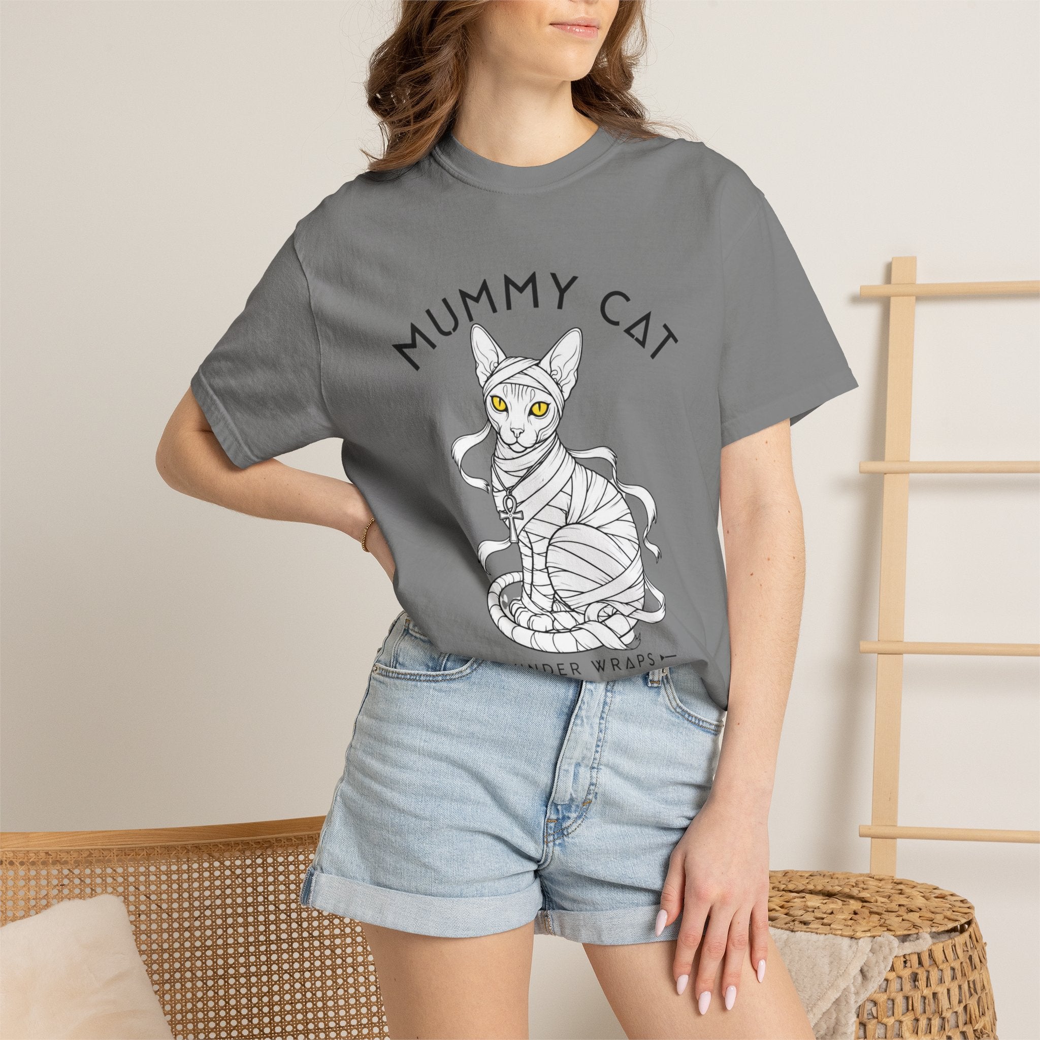 Mummy Cat T-Shirt — Sphynx Mummy Cat with Ankh, "UNDER WRAPS"