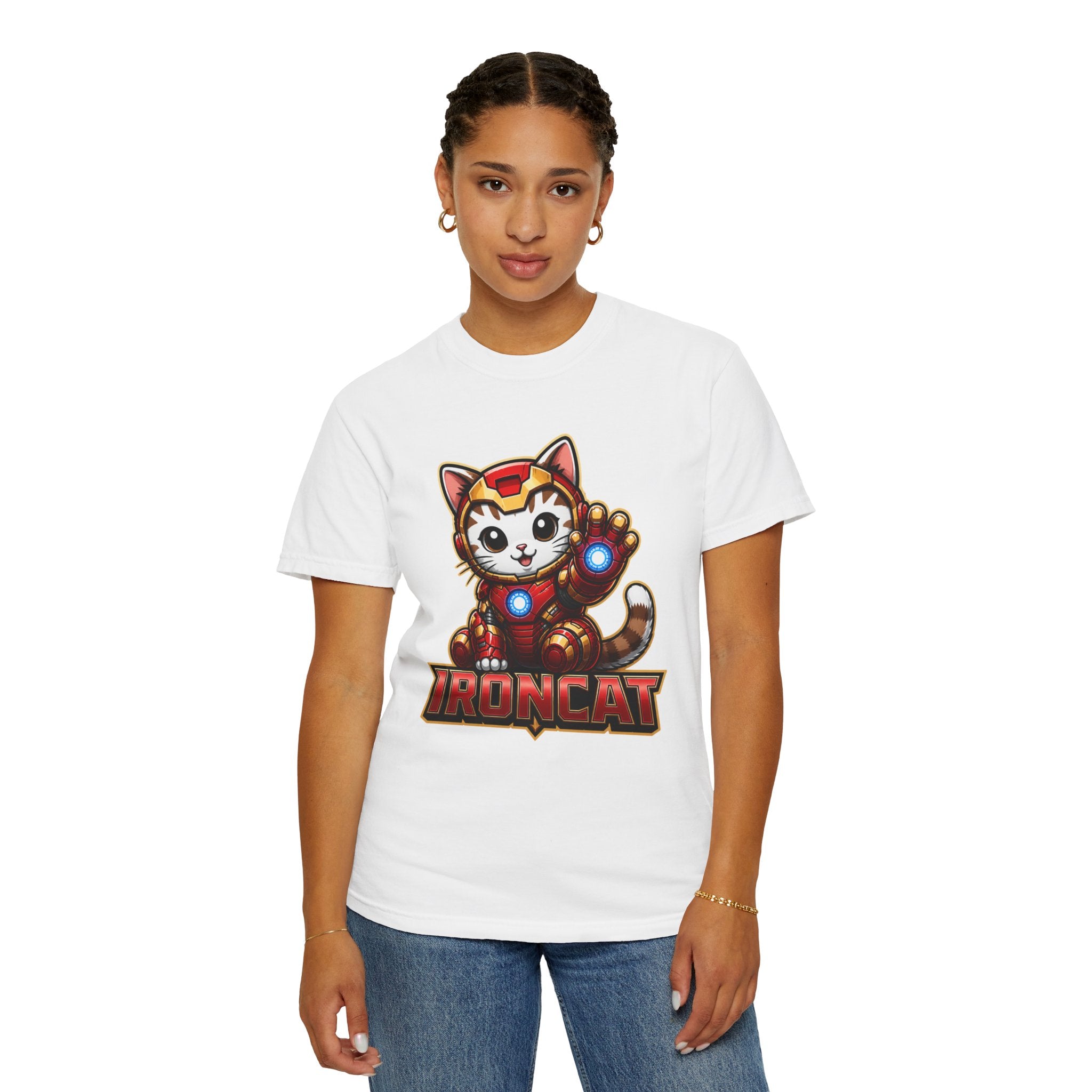 IRONCAT Tabby Kitten Graphic T-Shirt — Cute Chibi Superhero Tee