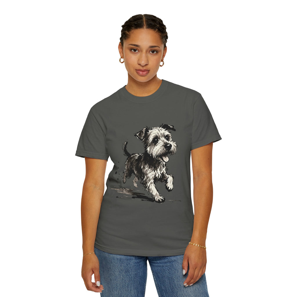 Wire‑Haired Terrier Puppy Running T-Shirt — Energetic Ink Sketch Design