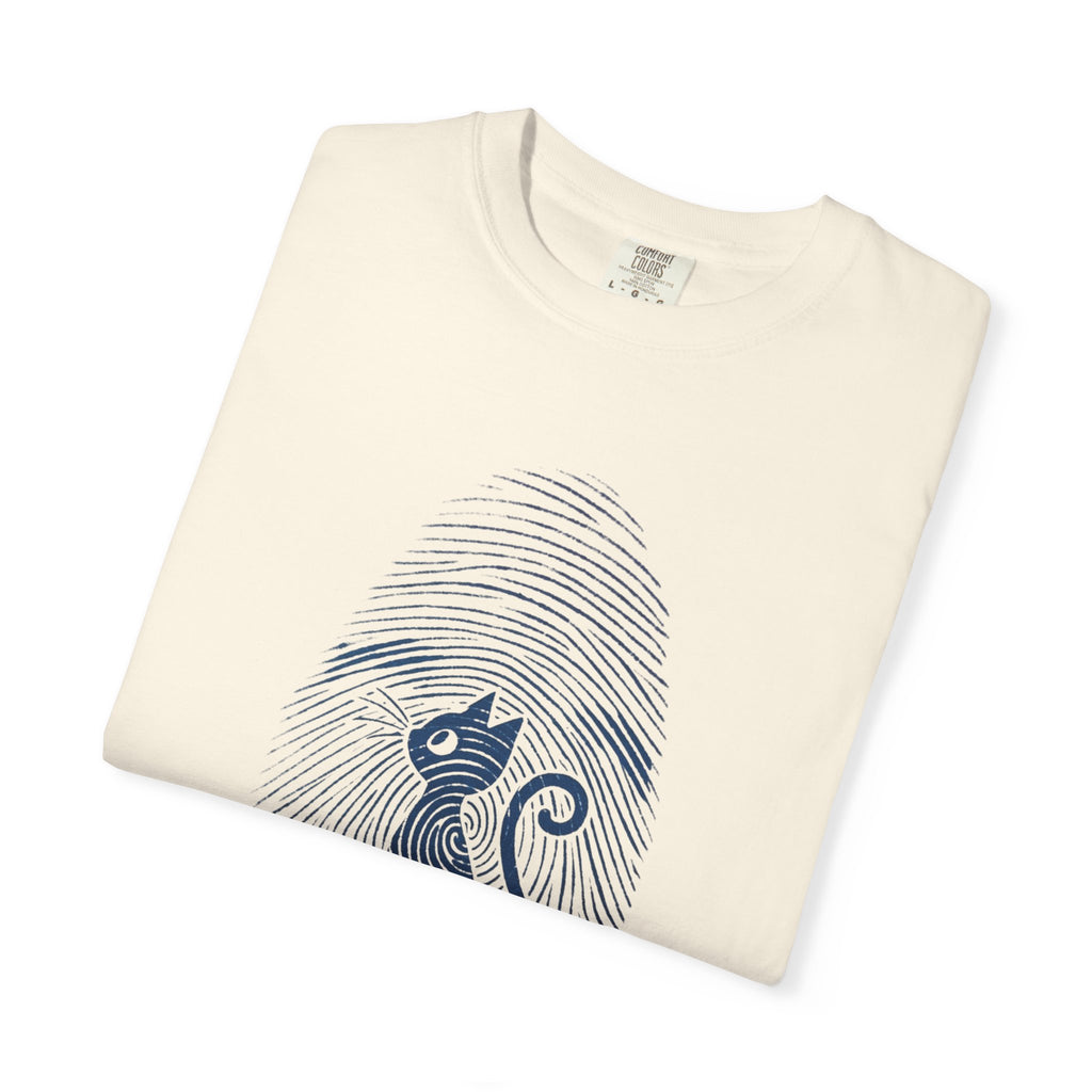 Fingerprint Cat T-Shirt — Minimal Denim Blue Graphic Tee