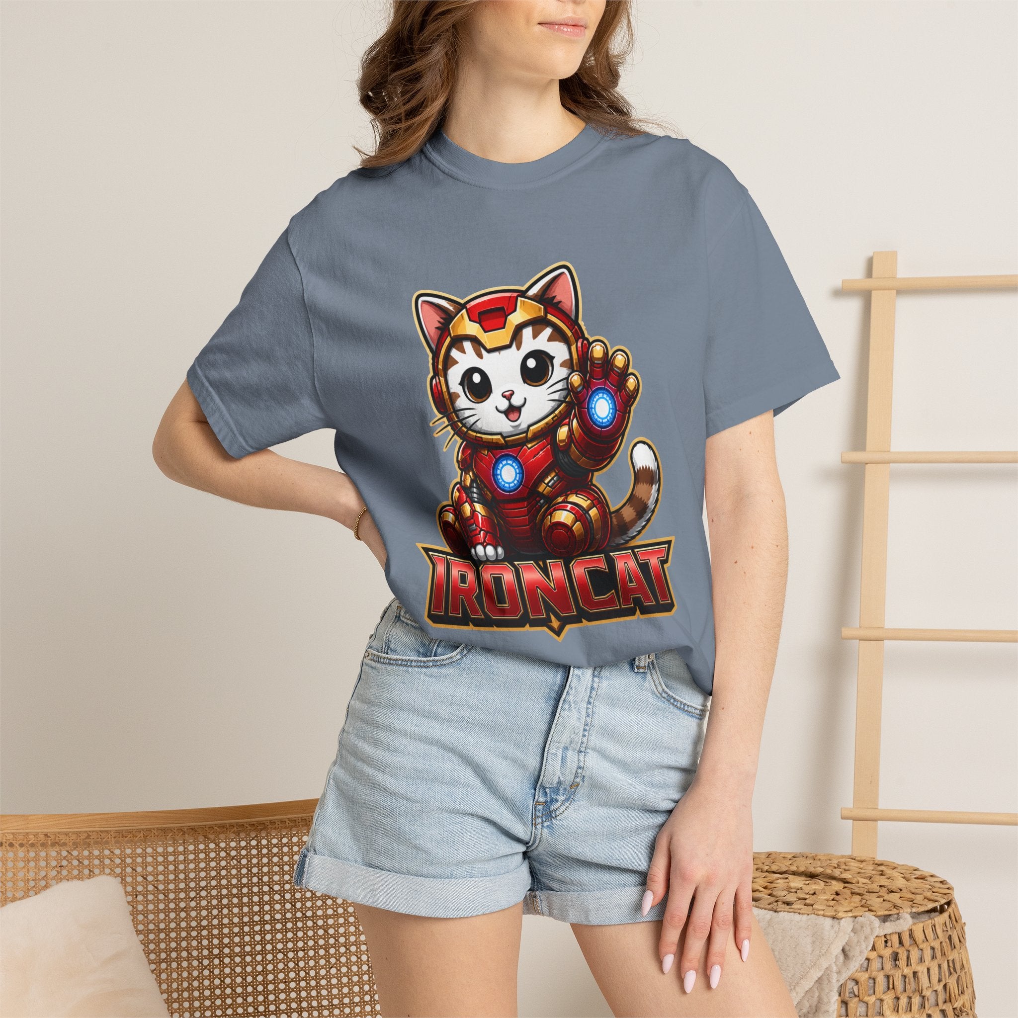 IRONCAT Tabby Kitten Graphic T-Shirt — Cute Chibi Superhero Tee