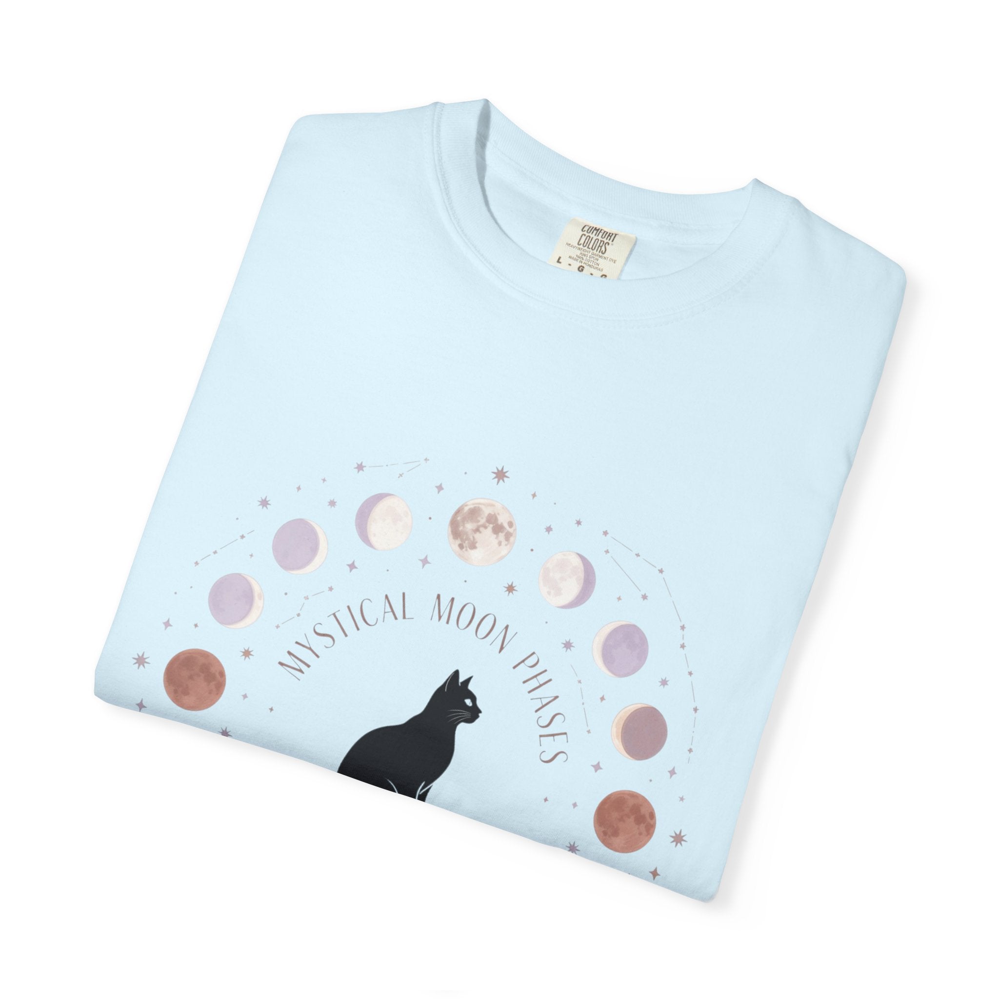 Mystical Moon Phases Boho Celestial T-Shirt — Black Cat Moon Phase Design