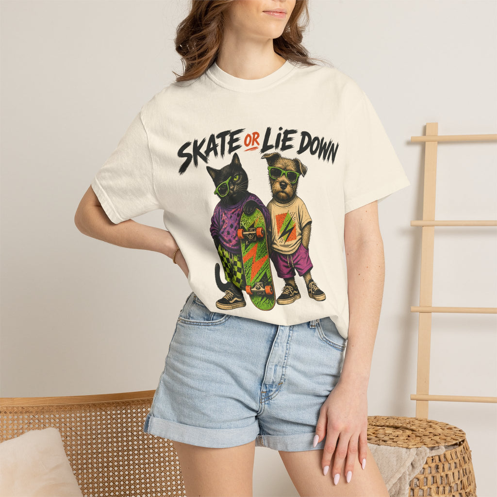Skate or Lie Down T-Shirt — 90s Retro Skate Cat & Dog Graphic