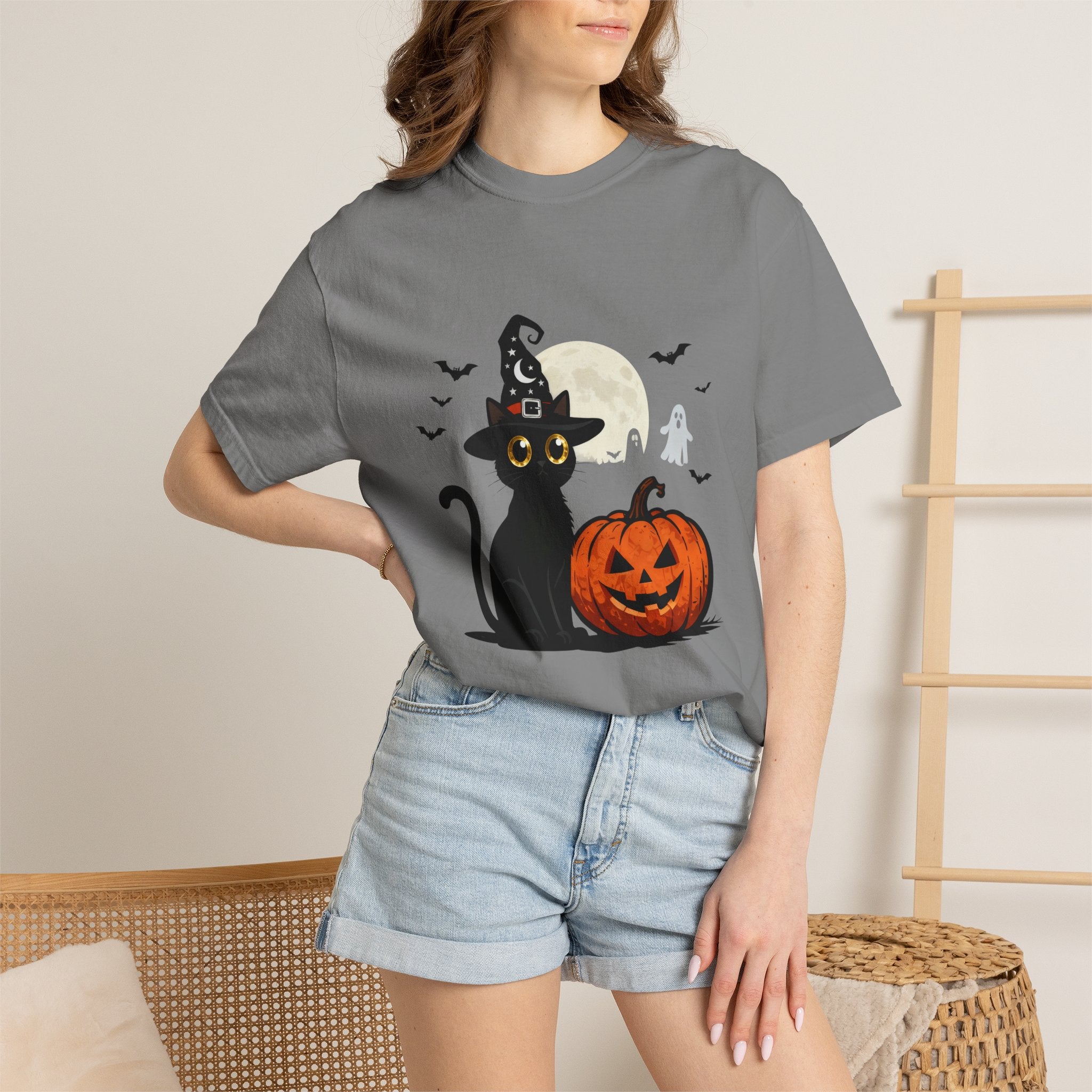 Halloween Black Cat T-Shirt — Cute Witch Hat Pumpkin Moon Design
