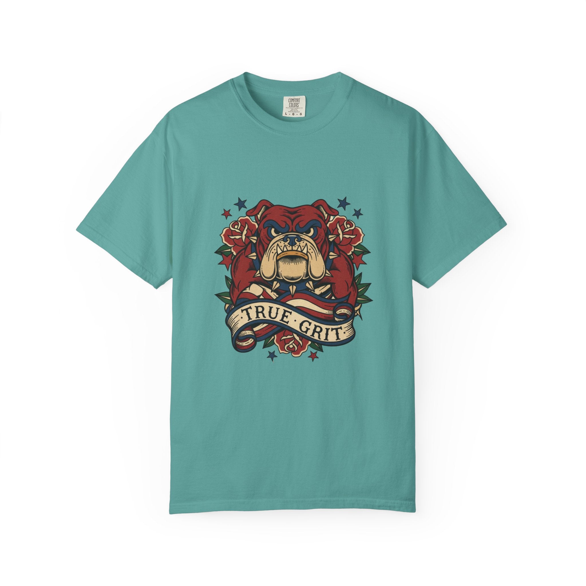 True Grit English Bulldog T-Shirt — Traditional Tattoo Rose Design